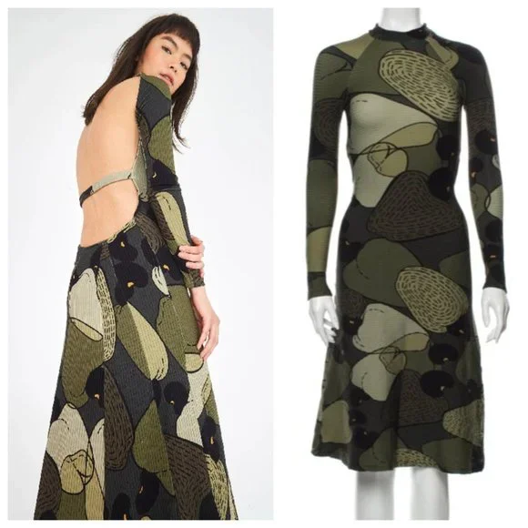 Farm Rio Military Green Cashew Print Open Back Midi Long Sleeve Dress
